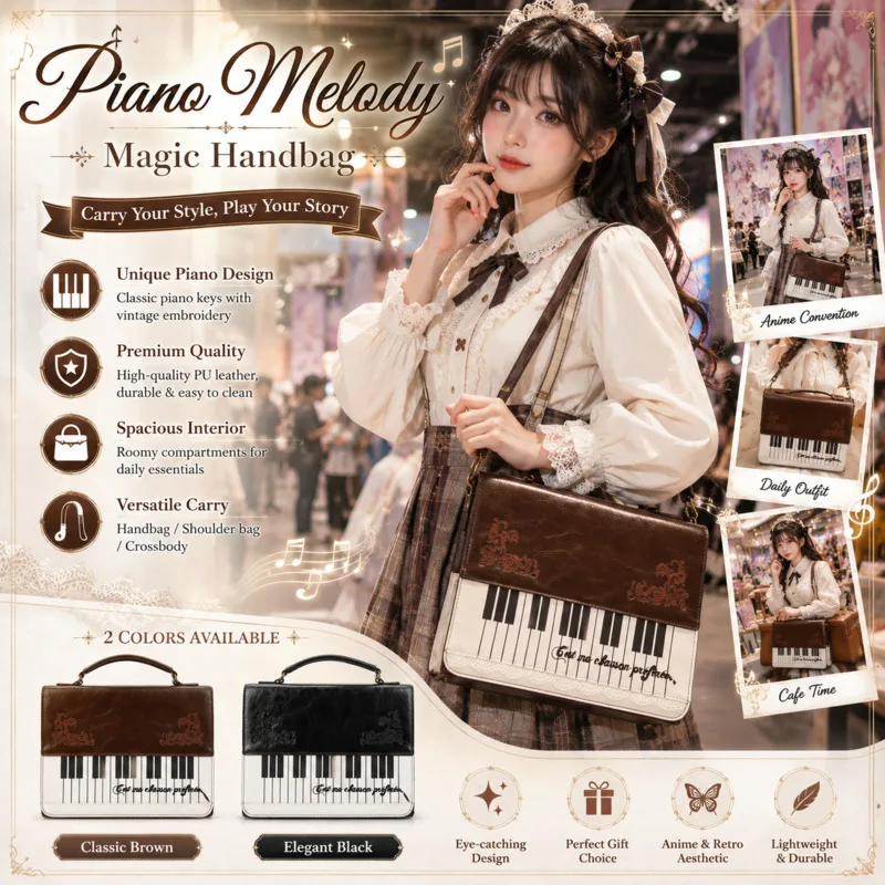 Piano Keyboard Handbag Women Shoulder, Bag Crossbody Messenger Bag Black, White Plaid Patchwork Embroidery Sweet, Lolita Purse