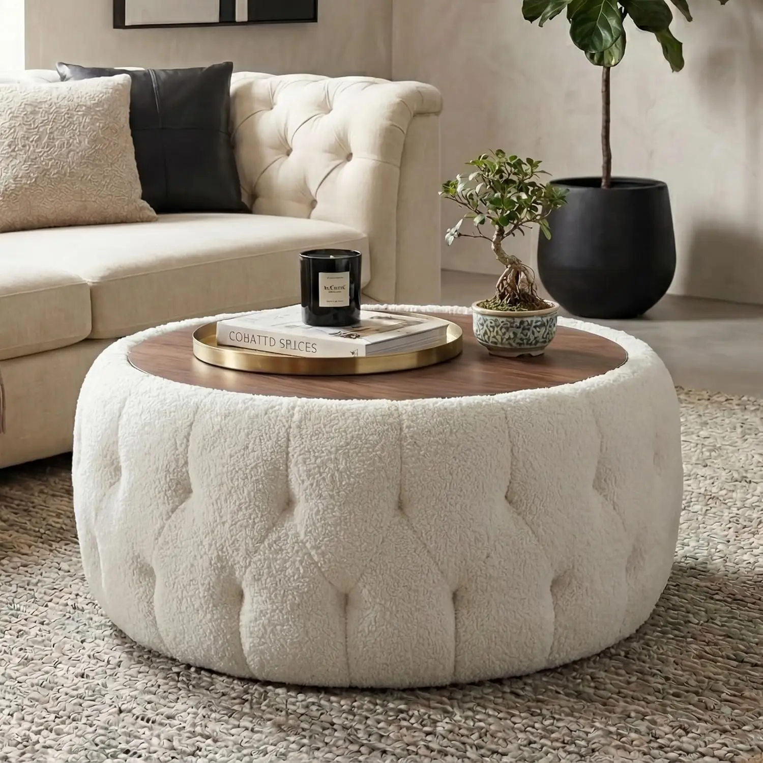 

Большой круглый пуф-столик для хранения вещей с деревянной столешницей, 30,5 дюймов, с обивкой из плюшевого флиса, для гостиной, на заказ