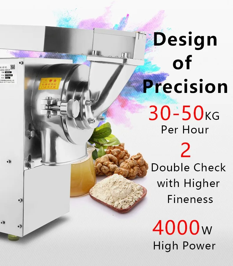 HBM-8819 4000W Powerful Stagewise Flour Mill for Grains Spice Corns and Dry Materials with Base Rack to Support
