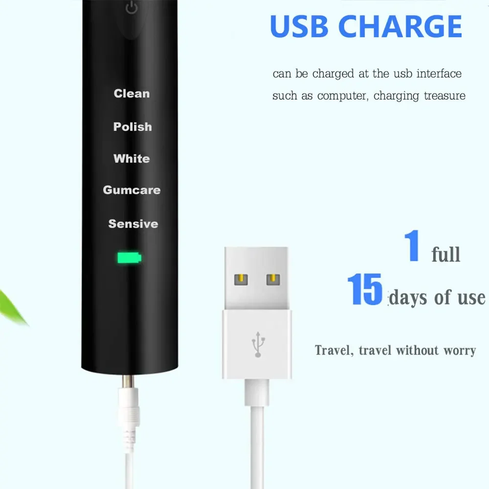 قوية بالموجات فوق الصوتية فرشاة أسنان كهربائية بالموجات الصوتية USB تهمة قابلة للشحن فرشاة أسنان قابل للغسل فرشاة أسنان تبييض الإلكترونية