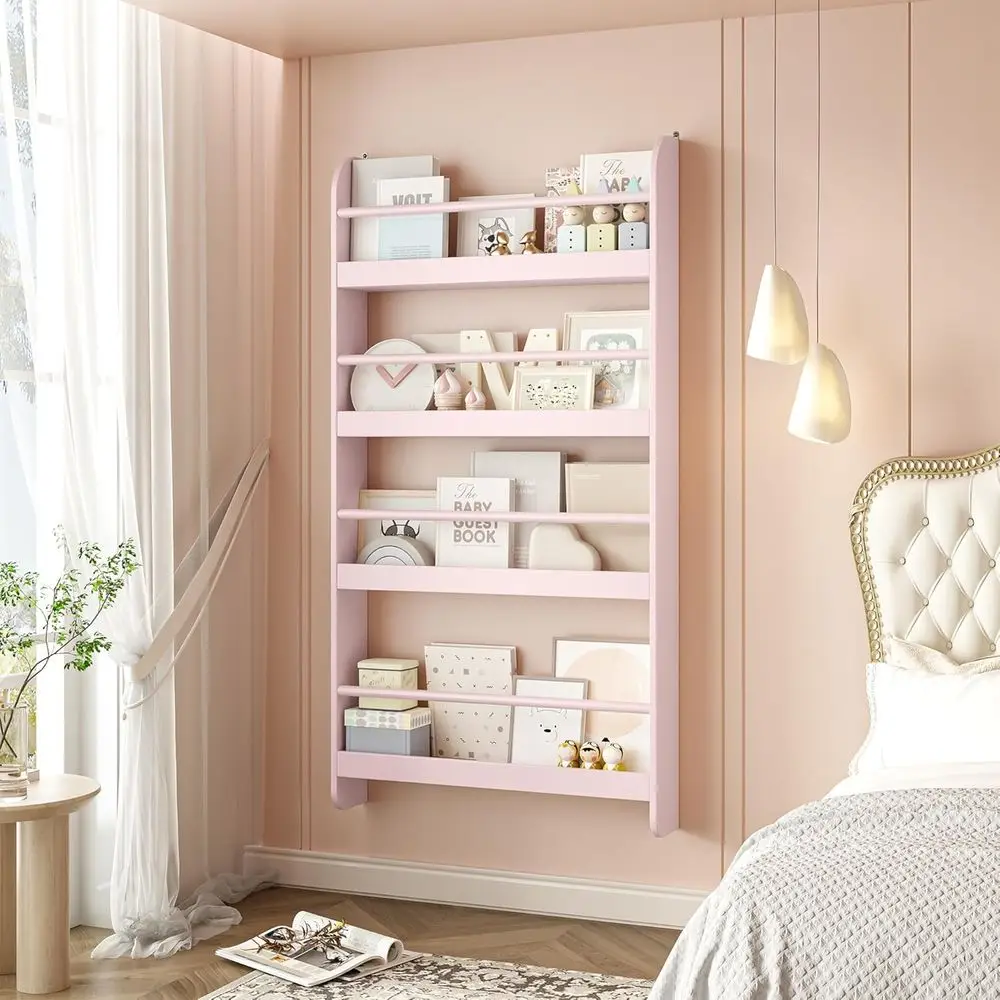 

4-Tier Wall-Mounted Bookshelf Organizer for Kids' Toys and Books, Ideal for Bedroom, Living Room, and Nursery, Pink