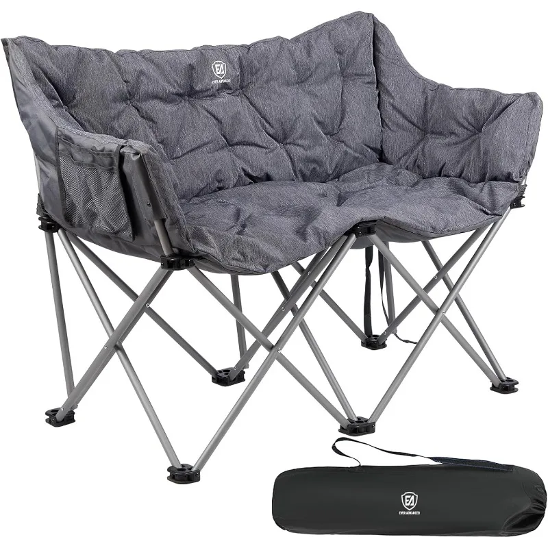 

EVER ADVANCED Double Camping Chair for Adults, Padded Folding Outdoor Chair with Cushion, Side Pocket, Portable Camping Couch