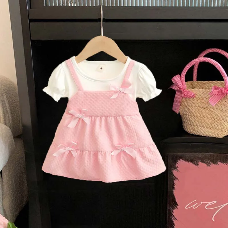 

Baby Girl Clothing Summer Bowknot Fake Two Piece Bubble Sleeve Baby Girl Dress Cute Casual Gentle Girl Kid's Dress