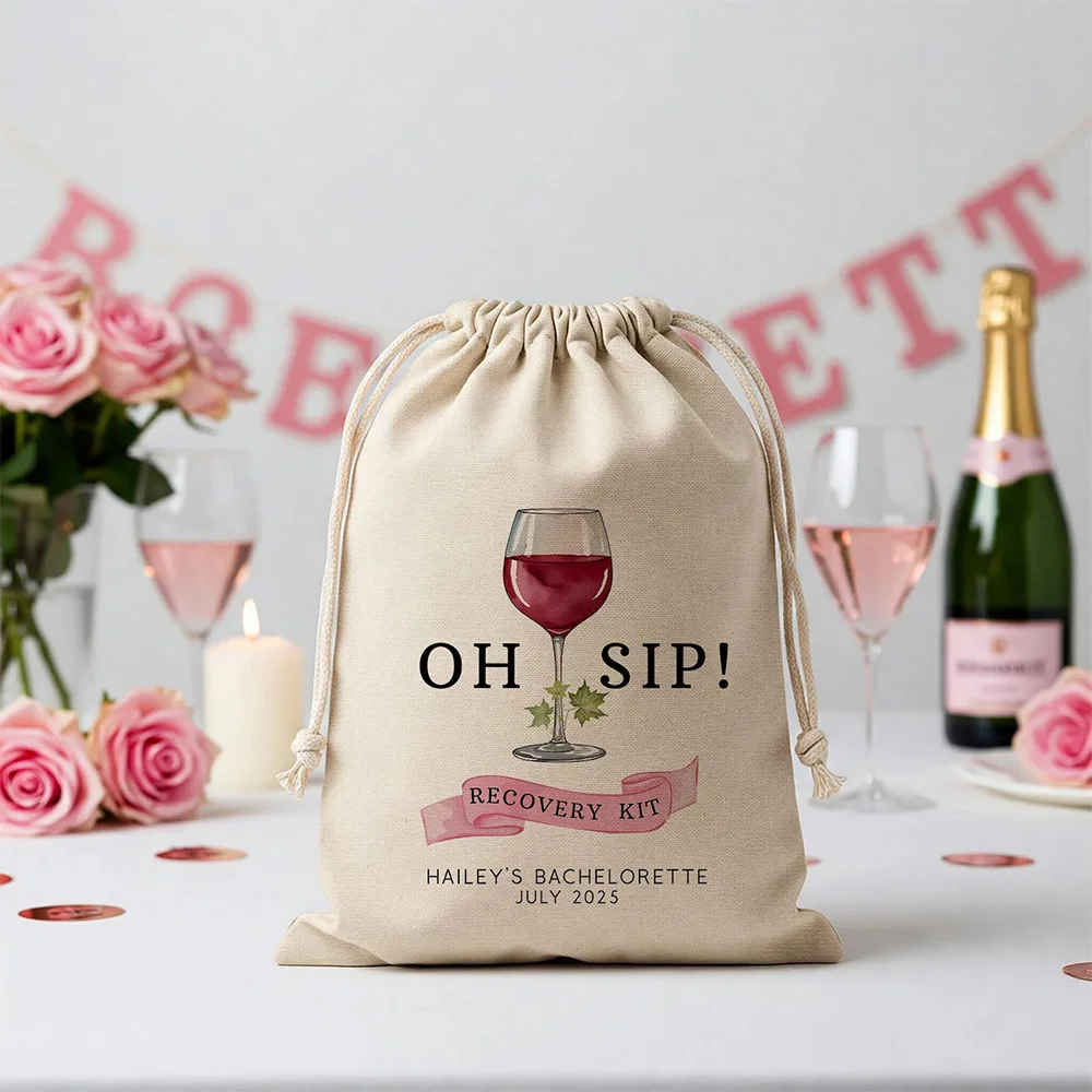 

5pcs Personalized Oh Sip Bachelorette Recovery Kit Bag Custom Wine Theme Party Favor Cotton Drawstring Pouch for Hangover Gift