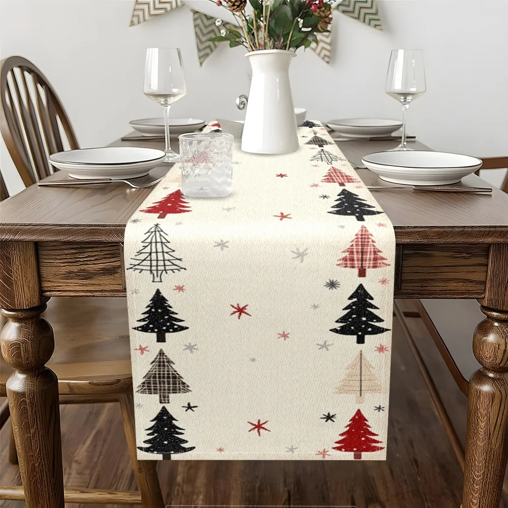 Elegant Red Black Beige Christmas Table Runner with Stylized Pine Trees & Snowflakes - Christmas Decorations For Home