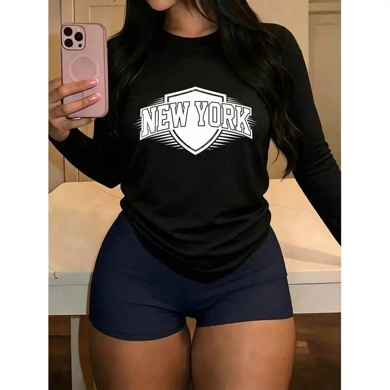 New York Shield Letter Graphic Women Long Sleeve Tee Slim Fit Basic Daily Tops