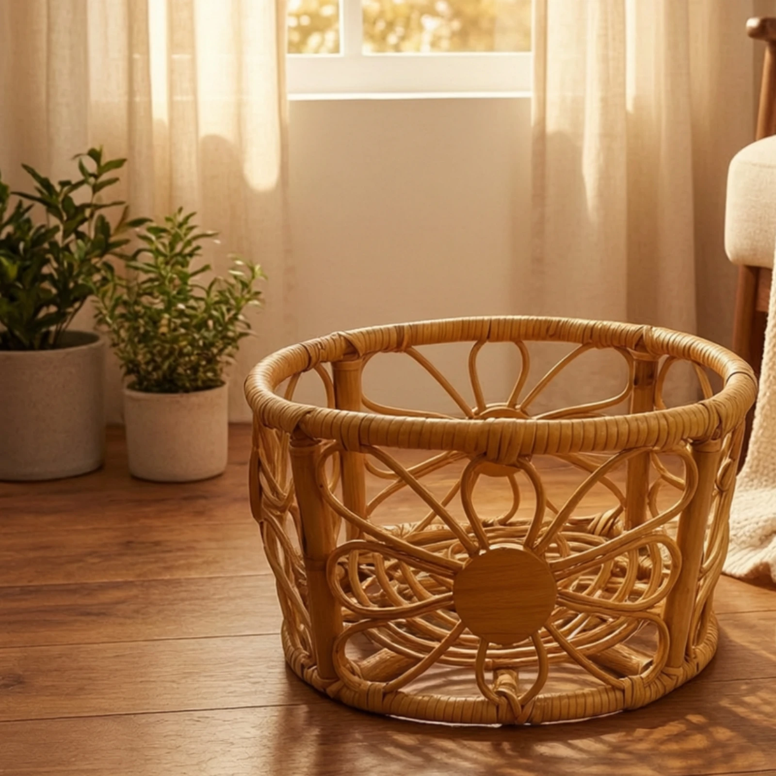 Rattan Photography Prop Decorative Wicker Photo Basket Woven Basket with Flower Panels Rustic Furniture Small for Photographers