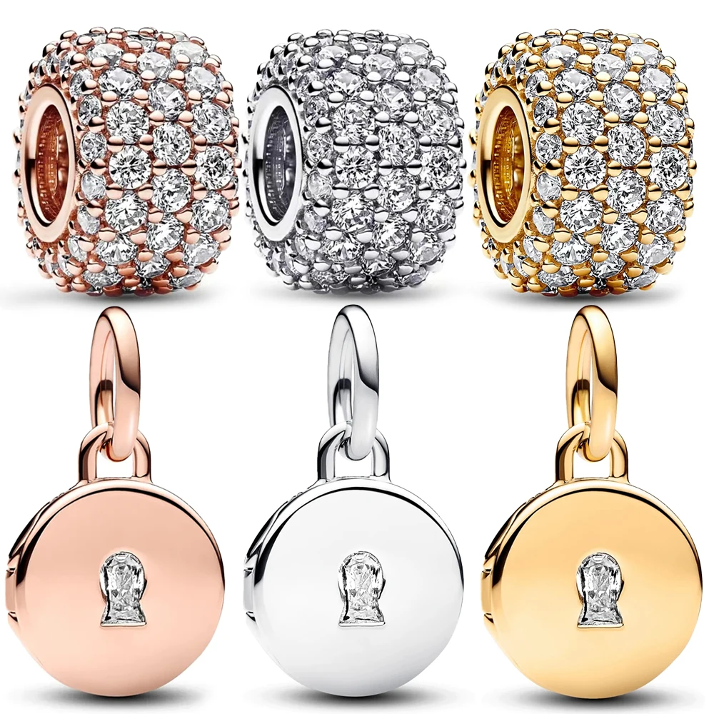 Genuine 925 Sterling Silver Tri-Color Sparkling Pavé Round Charm Padlock and Key Dangle Charm Fit Original Bracelet Fine Jewelry