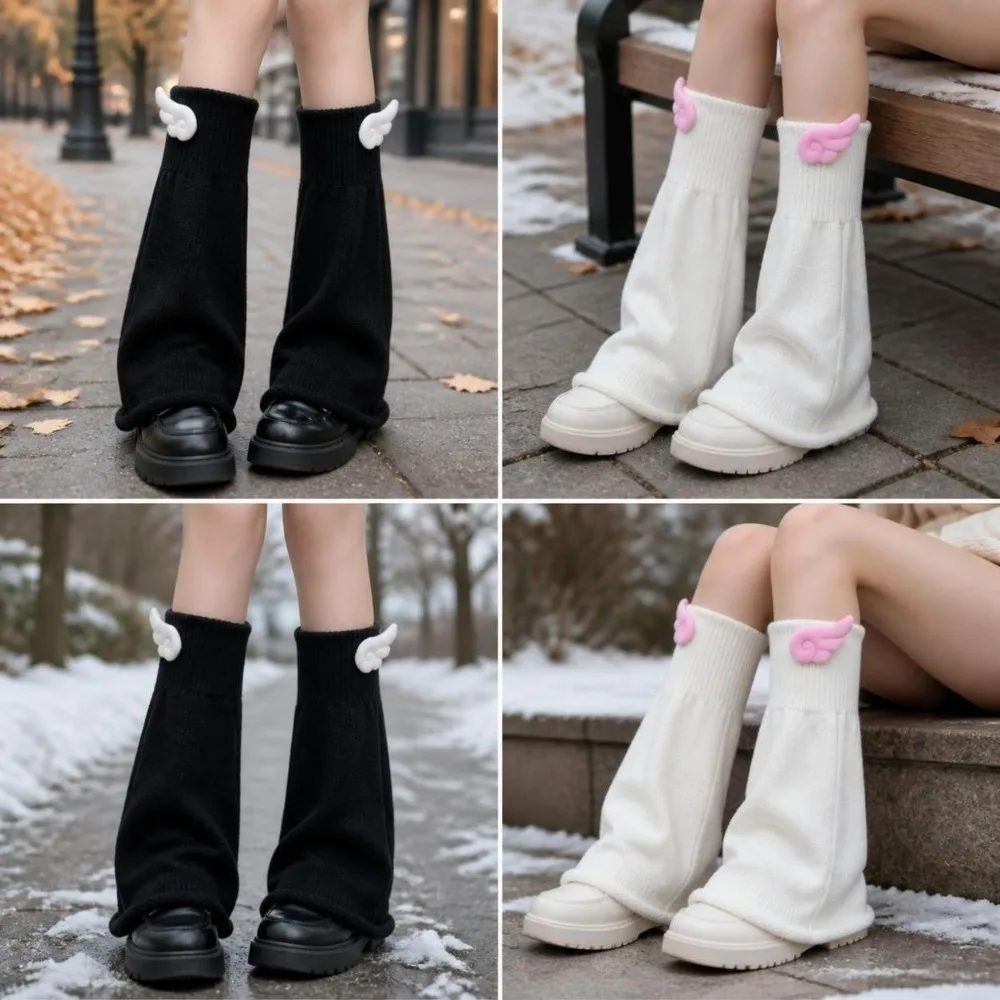 Knit Fabric Wing Decor Leg Warmers Calf Sleeves Design Wide Calf Fit Flare Leg Warmers Soft Knit Texture Flared Shape
