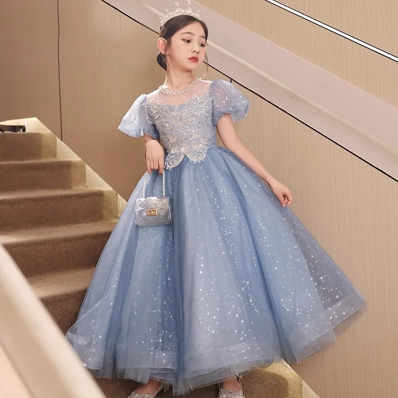 2024 Sequin Blue Girls Princess Dress Puff Sleeves Beading O-Neck Evening Dresses for Children Kids luxury Performance Clothing