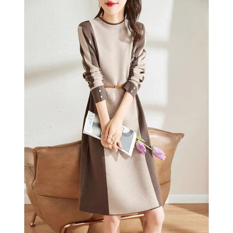 

Cashmere Knitted Dress Retro Color Matching Bottoming Sweater Skirt 2024 Autumn and Winter Fashion Commuter Women's Dress