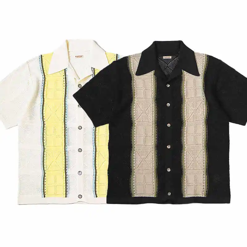 

KAPITAL Hirata Kazuhiro Style Japanese Hollowed Out Knitted Cuban Collar Retro Ethnic Style Short Sleeved Shirt