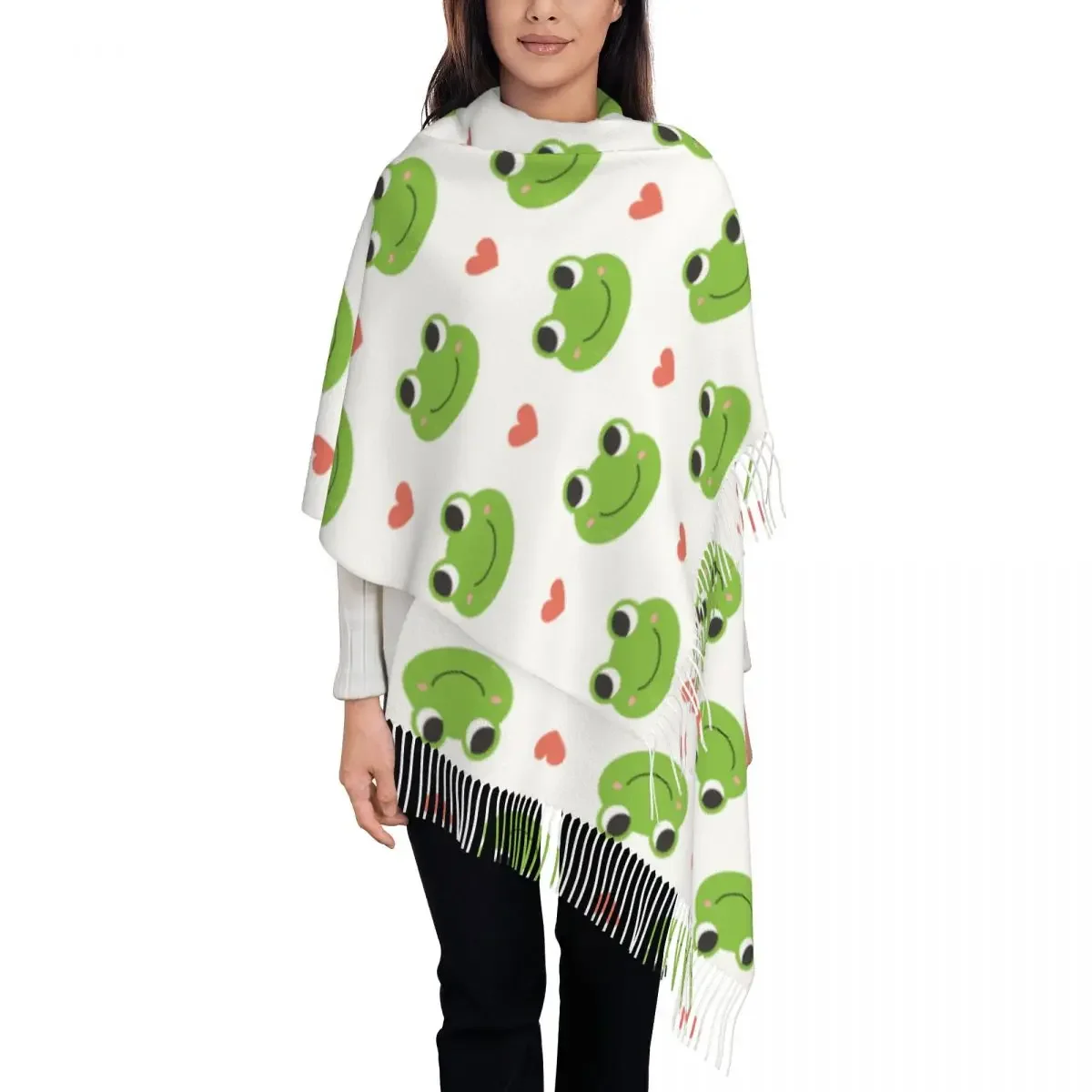 Womens Scarf with Tassel Happy Frogs Pattern Long Soft Warm Shawl Wrap Cute Frog Animal Gifts Pashmina Scarves