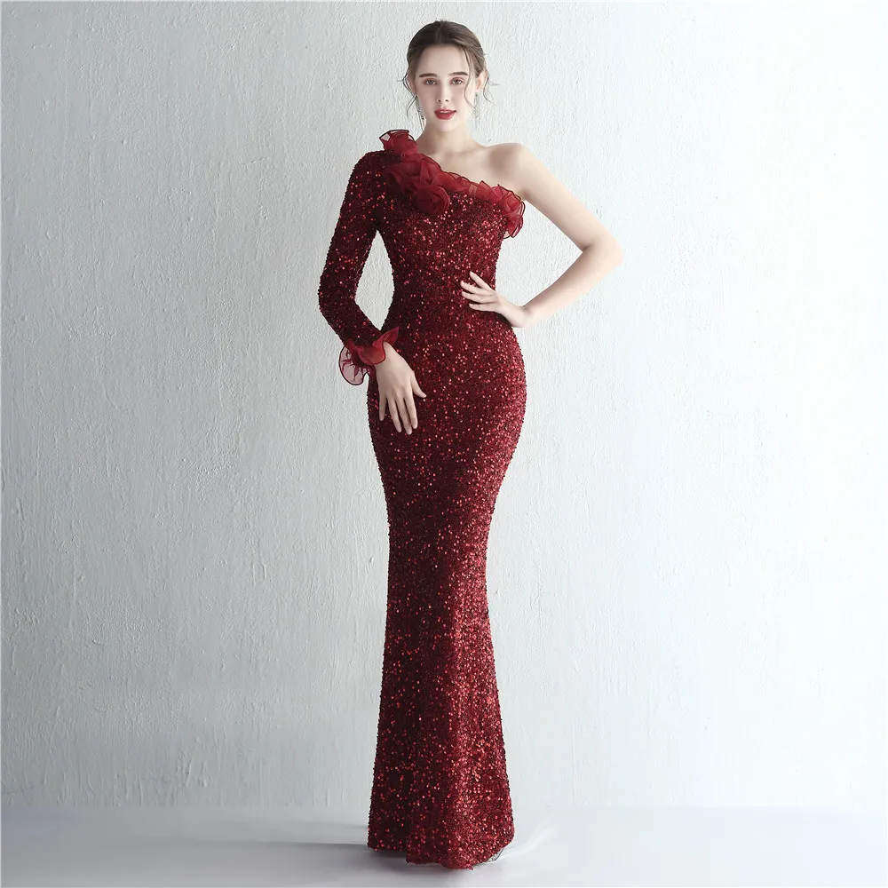 Celebrity Banquet Temperament One-Shoulder Long-Sleeved Dress Sequin Gas Field Fashion Fishtail Dress Women's Clothing