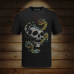 Casual Short Sleeve Skulls T Shirts Men Summer Clothes Cartoon Rhinestones Fashion Streetwear O Neck Mercerized Cotton T-shirts