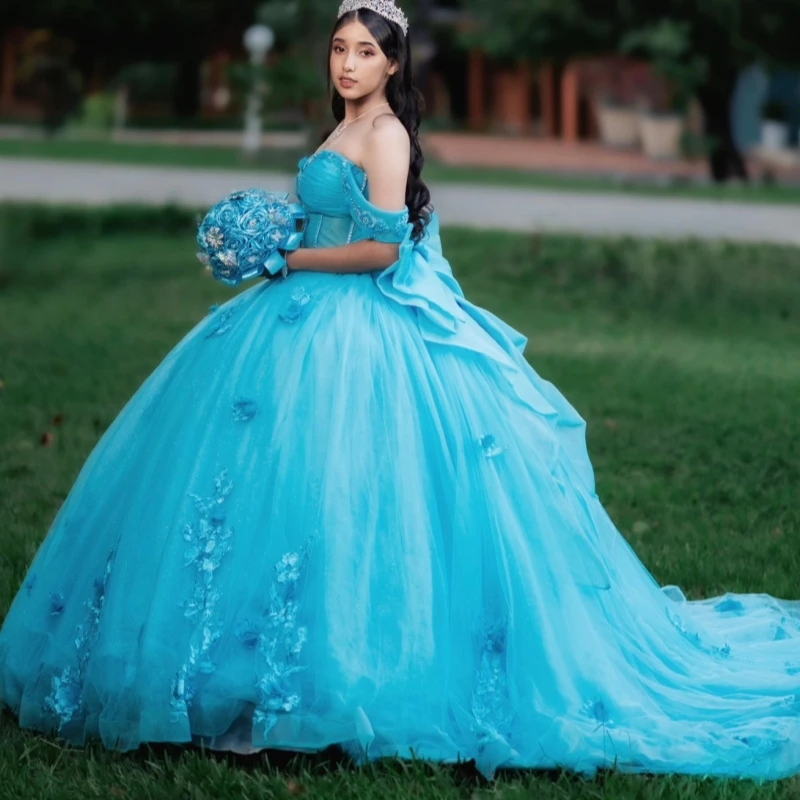 

Синие платья для церемонии Кинсеанера с открытыми плечами, аппликациями в виде цветов, бисером, кристаллами, бантом, тюлевым корсетом, для вечеринок, дней рождения, на 16-летие, Vestidos