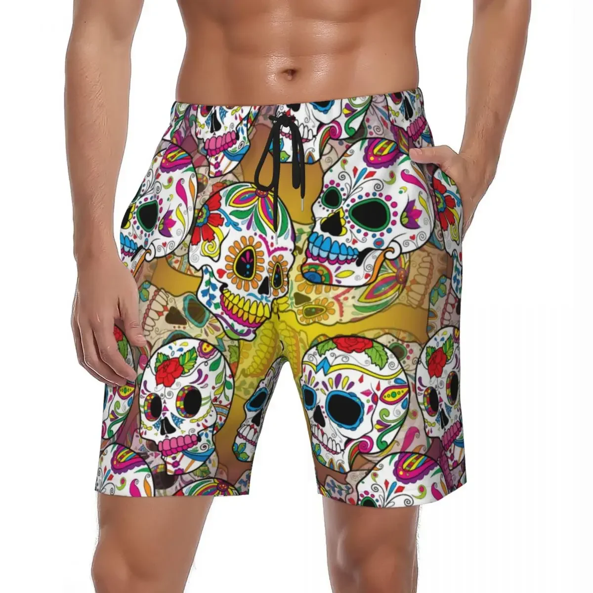 Swimsuits Sugar Skull Pink Roses Gym Shorts Summer Sugar Skulls Casual Beach Short Pants Men Design Sports Surf Beach Trunks