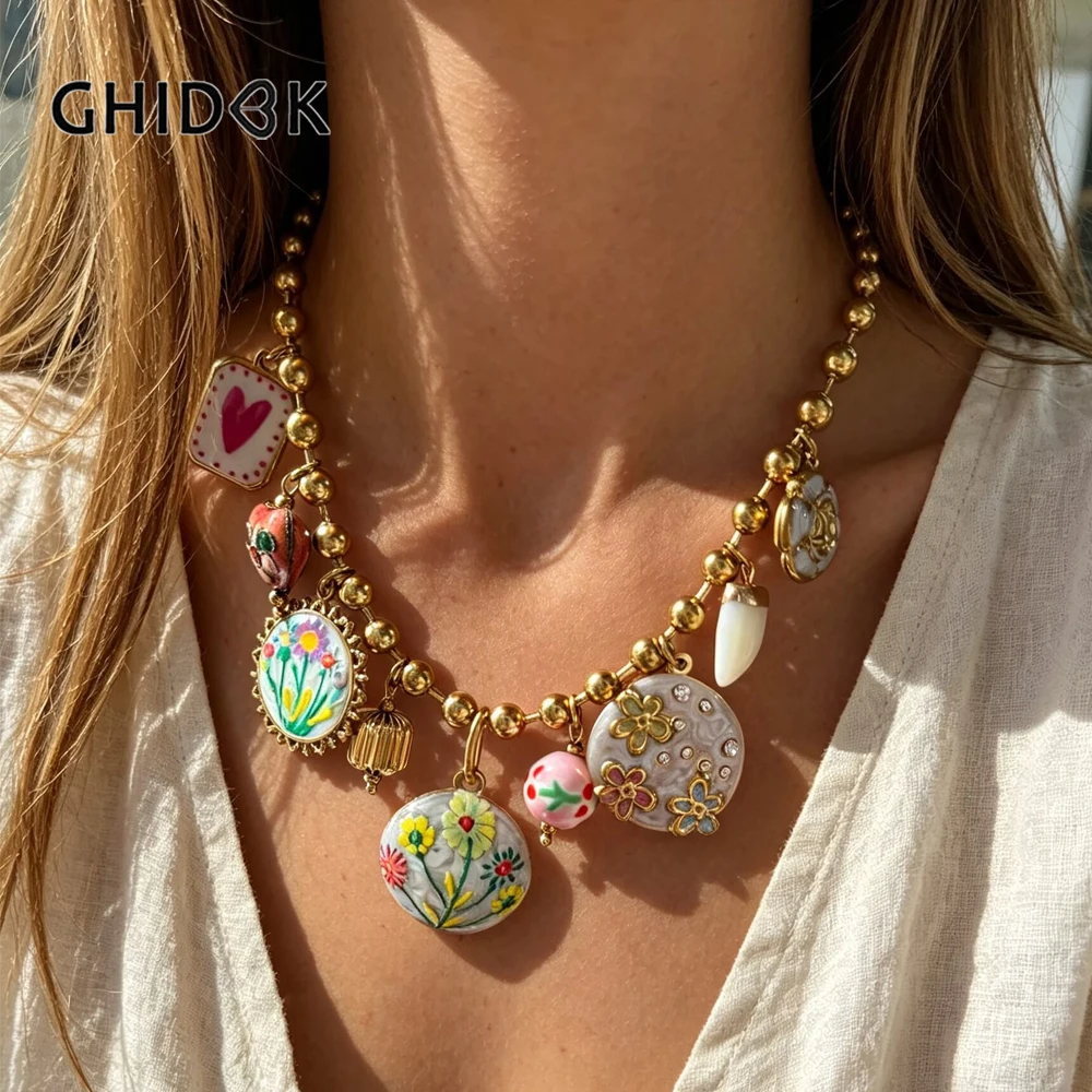 GHIDBK Vintage Enamel Ceramic Natural Stone Multiple Pendant Metal Bead Chain Women's Necklace Stainless Steel Jewelry Gifts