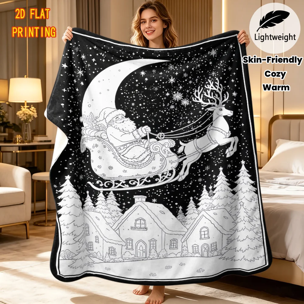 Art Hobby Gift Blanket Santa Moon Night Scene Outline DIY blanket Reusable Flannel Blanket Kids Adults Xmas Home Use
