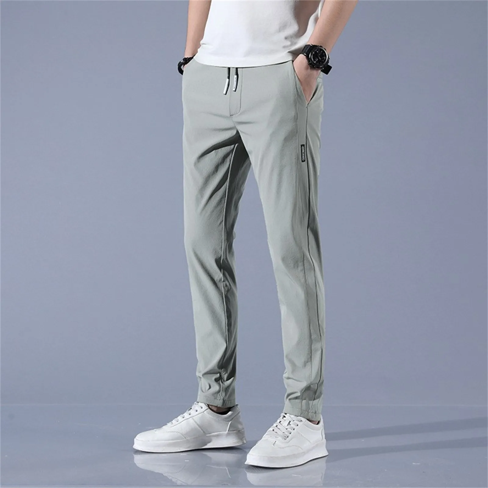 Ice Silk Men\'s Pants 2024 Summer New Black Gray Thin Business Casual Pants Outdoor Elastic Breathable Straight Leg Sweatpants