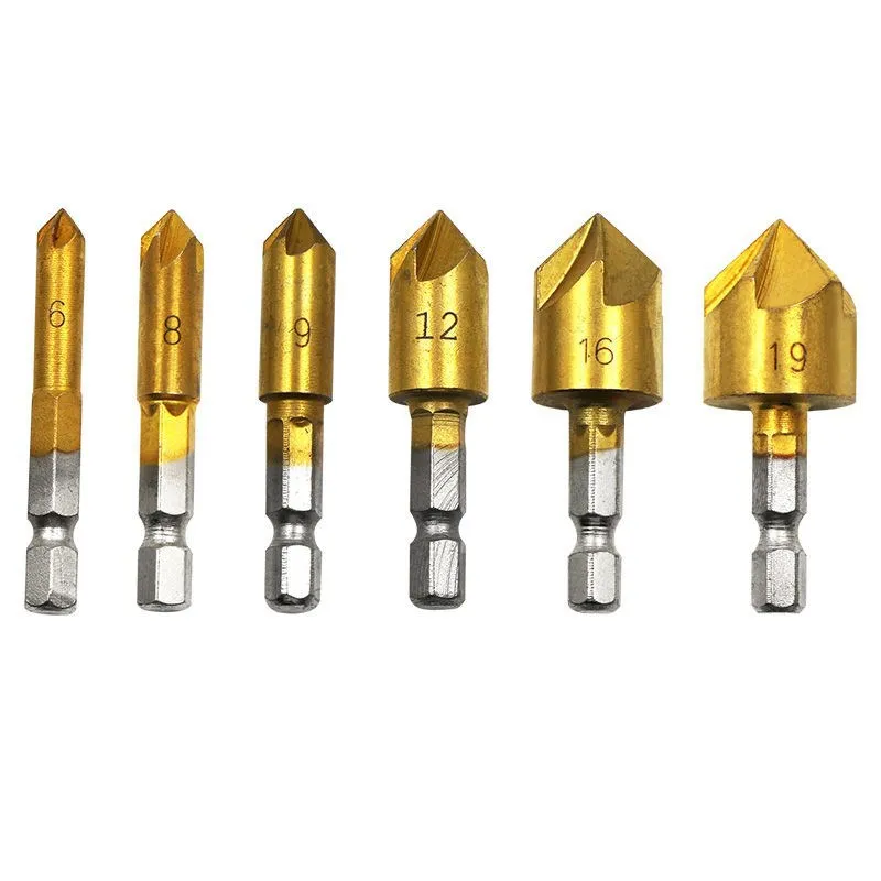 Countersink Drill Bit Set 6 Pcs 1/4'' Hex Shank HSS 5 Flute Countersink 90 Degree Center Punch Tool Wood Quick Change Bit 6-19mm