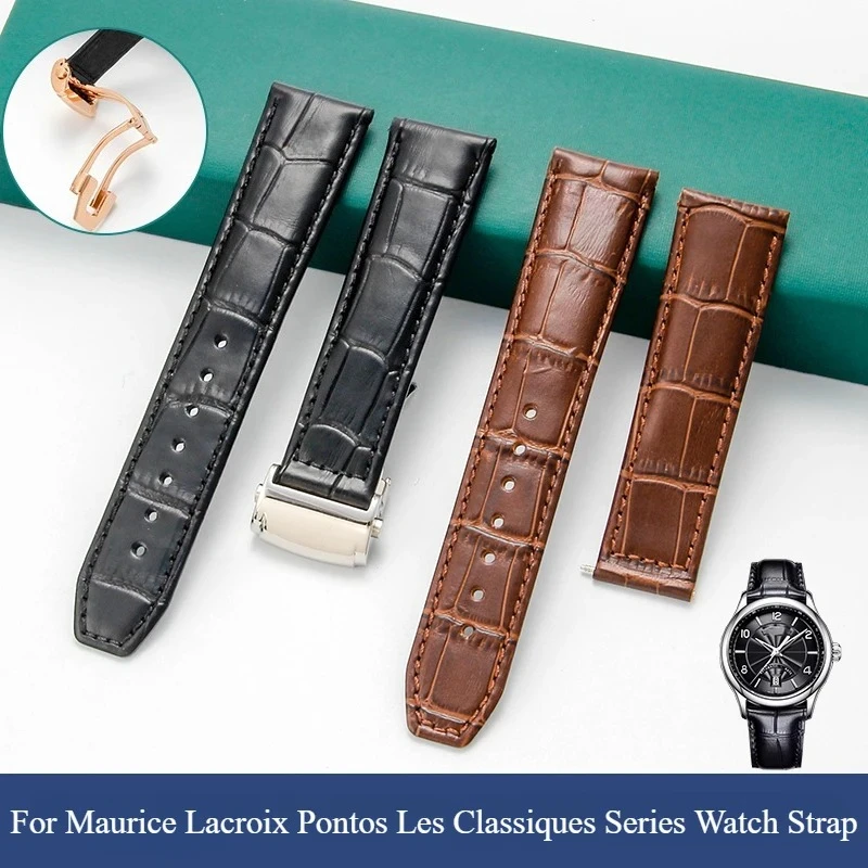 ل موريس لاكروا بونتوس ليه كلاسيكس سلسلة مقاوم للماء حزام جلد البقر الأصلي مزدوجة الصحافة للطي مشبك حزام الساعات 20 22 مللي متر