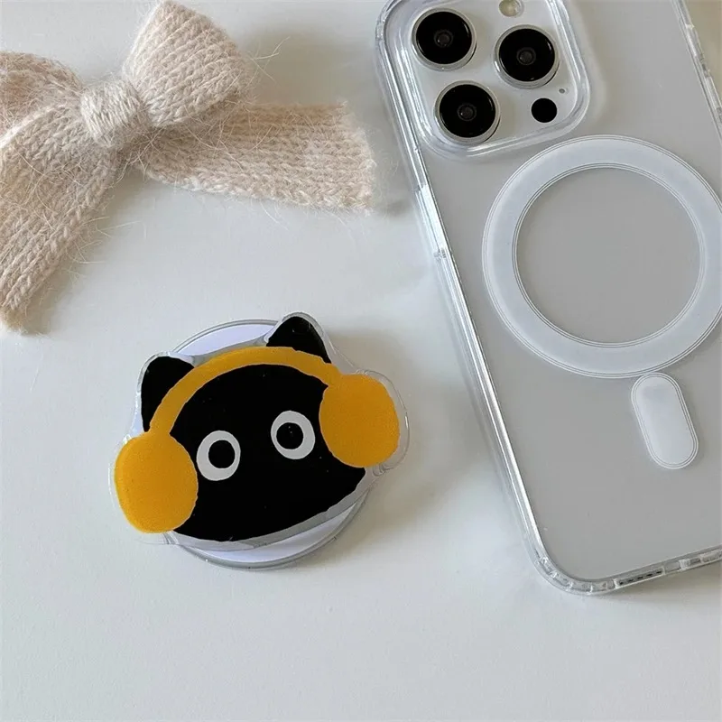 Simpatico cartone animato gatto nero per telefono magnetico Magsafe Griptok Grip Tok supporto per iPhone 15 16 pro custodia di ricarica wireless