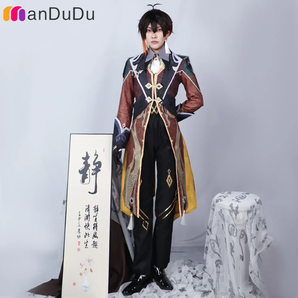 Game GenshinImpact Zhongli Morax Geo Daddy Cosplay Costume Role Play Comic Con Uniform Hallowmas Party Wigs Animation Prop