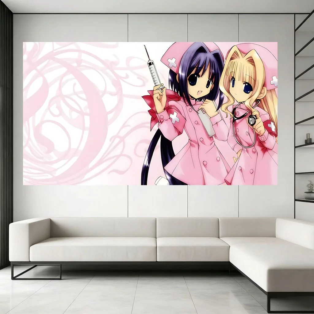 Pastel Kawaii Cat Ear Nurse Anime Wall Tapestry Manga Wall Hanging Bedroom Dorm Background Cute Aesthetic Room Decor Gift