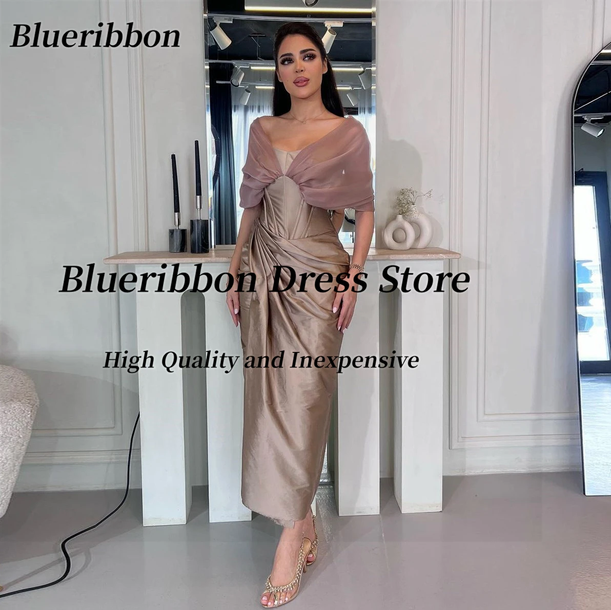 Blueribbon Holiday Party Ankle Length Prom Dresses Off Shoulder Zipper Back Evening Gowns Ruched Vestidos De Noche Saudi Women