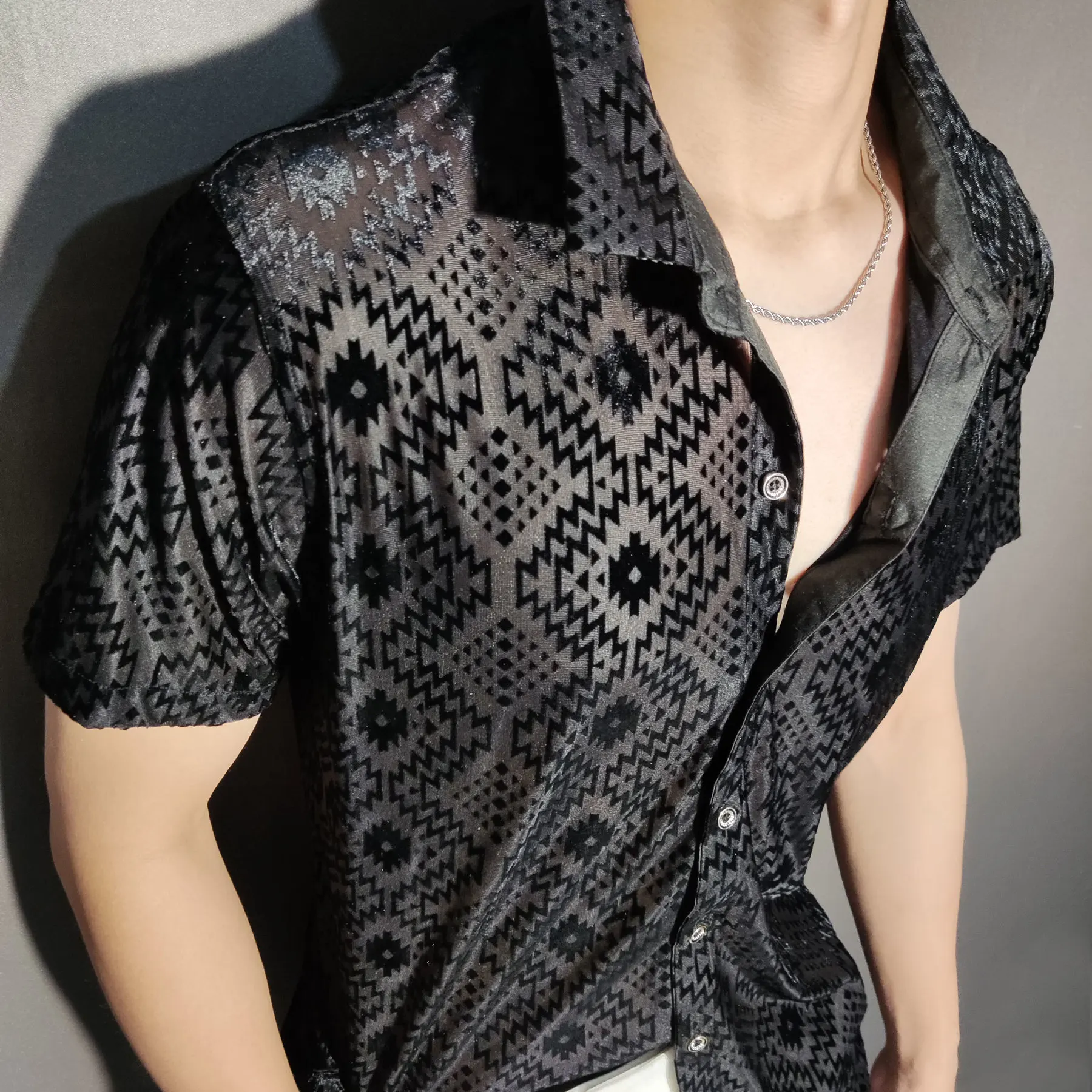 Men Sexy Abstract Art Shirt Fashion Transparent Black Gold Shirt Casual Nightclub Shirt Top See Through Stylish Shirts For Men