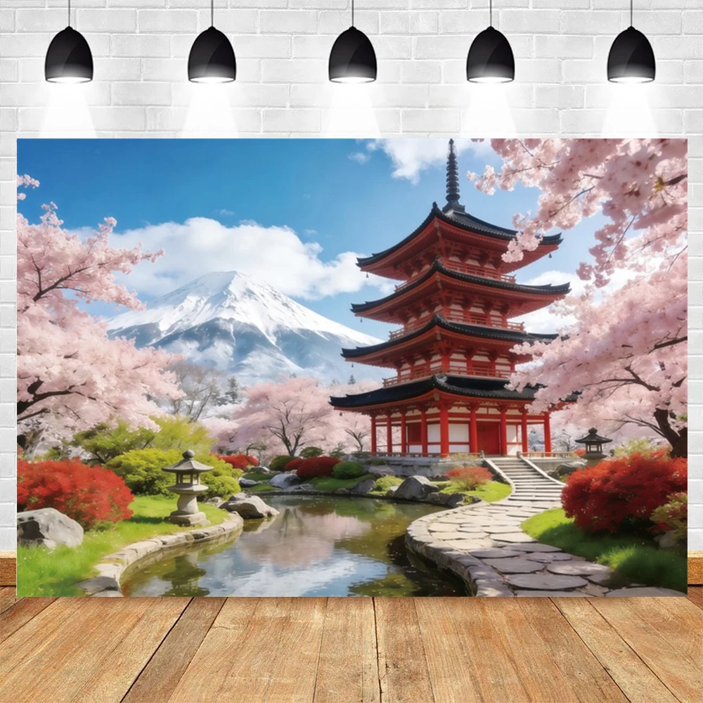 Japan Mount Fuji Nature Landscape Backdrop Cherry Blossom Pagoda Scenery Travel Portrait Room Wall Decor Photography Background