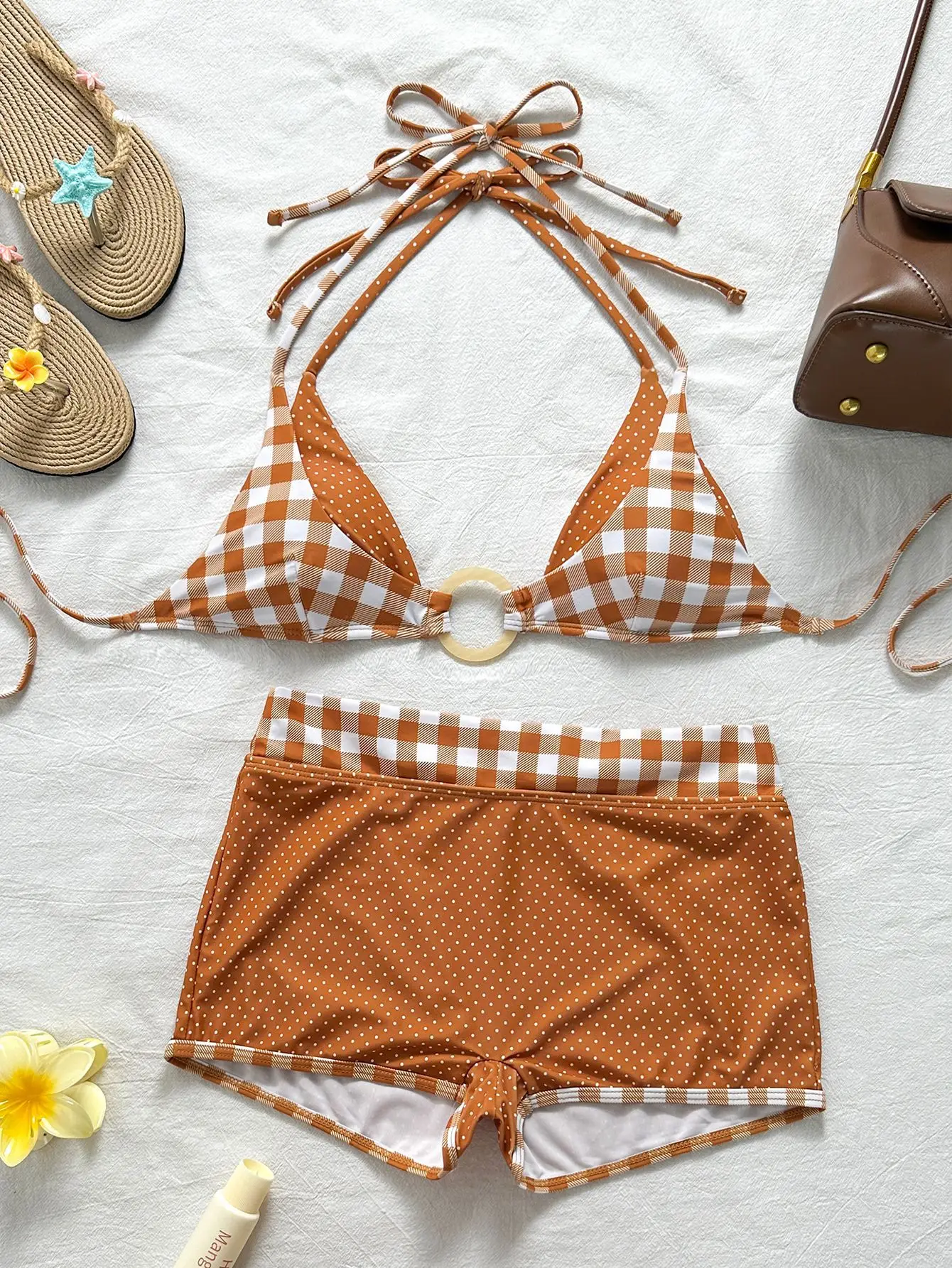 sexy caramel color ring halter tie bikinis sets two pieces polka dot plaid shorts swimsuits bathing suits swimwear biquini