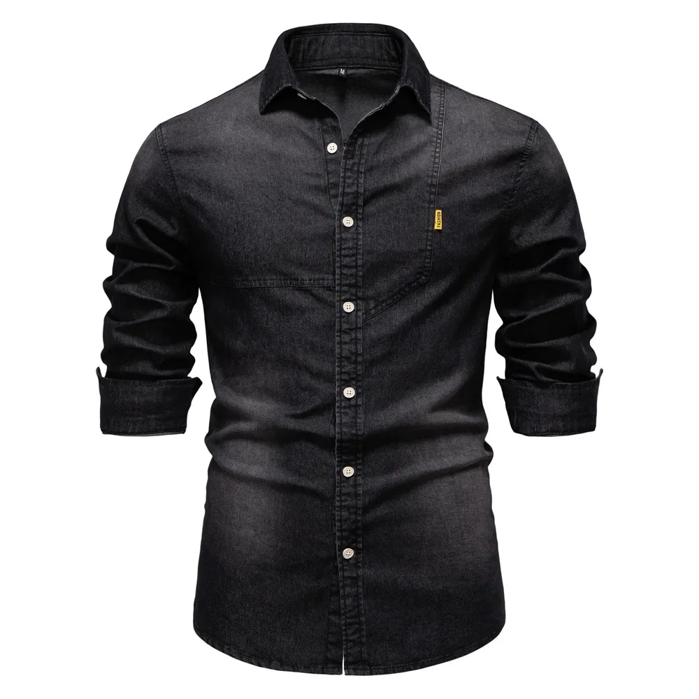 Nice Fashion Spring Denim Shirt For Men Cotton Casual Long Sleeve Cowboy Shirts High Quality Patchwork Clothing Elastic Men's Sh