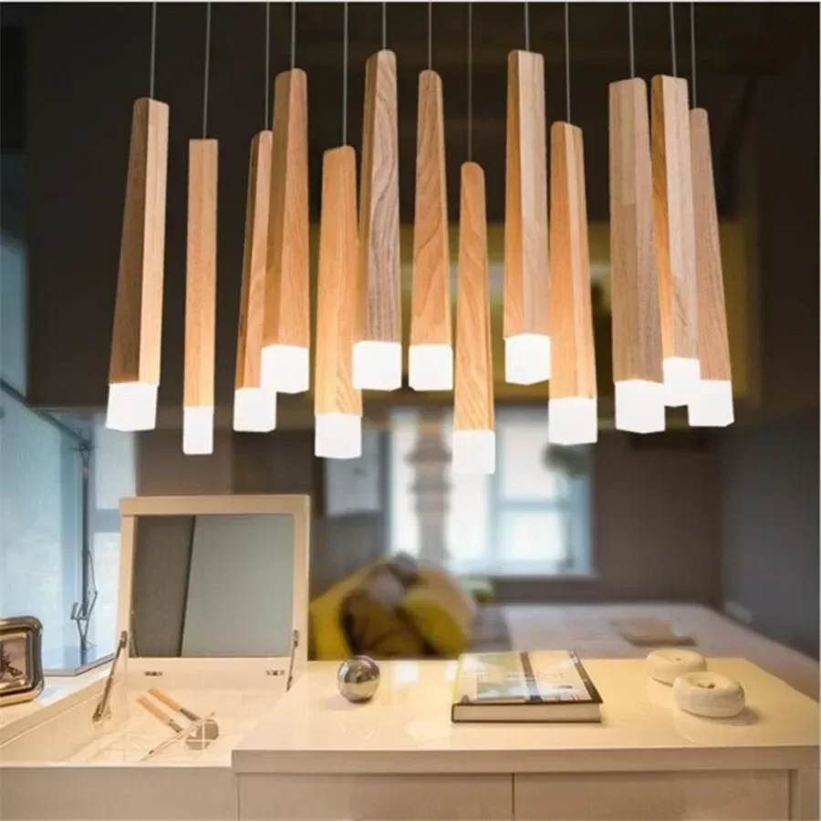 Natural Wood Stick Pendant Light for Kitchen Island Restaurant Cafe Modern Bedside Hanging Lamp Shop Decor Pipe Pendant Lamps