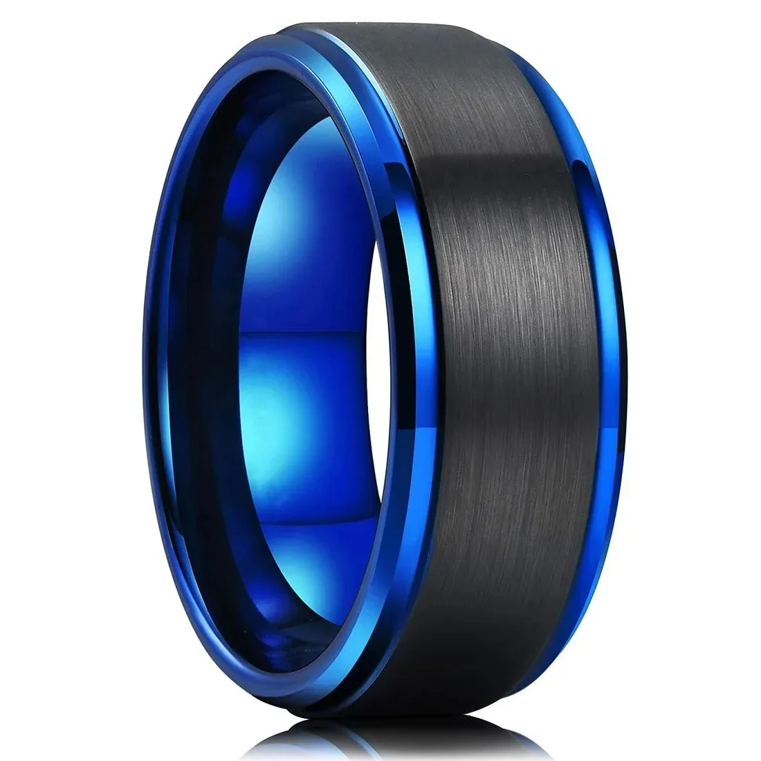 Anillos de titanio cepillado negro de 8mm a la moda para hombres y mujeres, borde de Color azul, anillo de acero inoxidable para hombres, regalos de joyería para fiesta y boda
