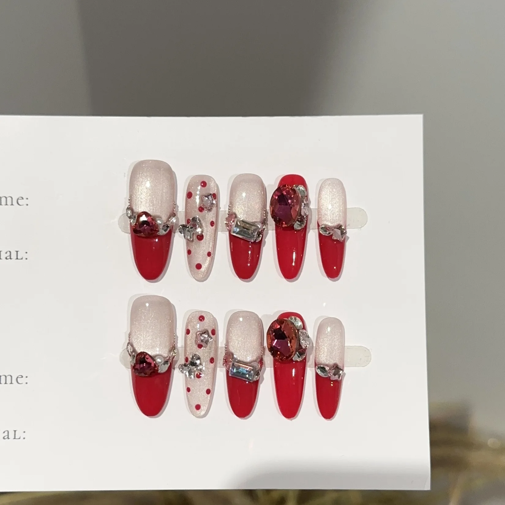 10個入り クリスマスつけ爪 フレンチローズ キャッツアイ プレスオンネイル シャイニーパール スノーフレーク ラインストーンデザイン フェイクネイル クリスマスパーティー用