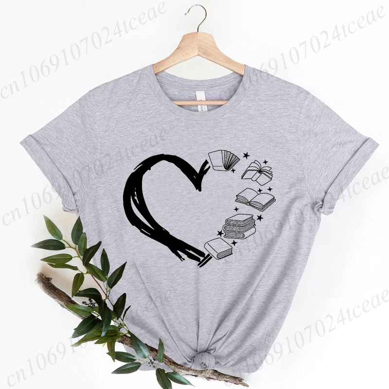 Book Lover T-shirt Heart of Books Design Printed Women's Tee, Funny Reading Women's T-Shirt Top,short Sleeve Tee Shirts Clothing