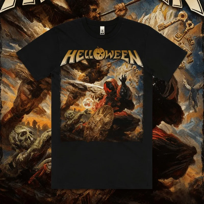 

2025 Summer Heavy Metal Helloween Band Family Tee Music Retro Short Sleeve Black Casual Crew 100% Pure Cotton Printed T-shirt
