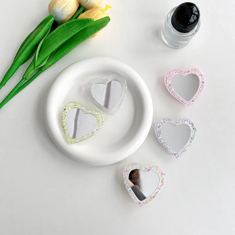 حامل هاتف لامع على شكل قلب مع مقبض توك ذكي عالمي ودعم كسول وحامل مرآة لامع لهاتف آيفون وسامسونج المحمول