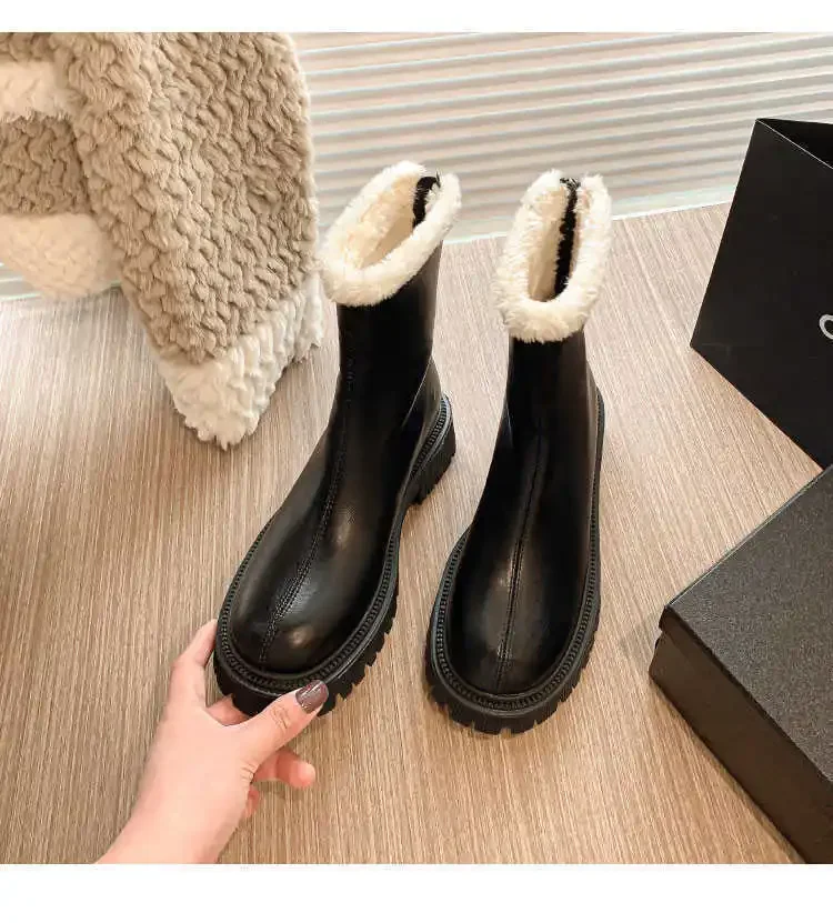 Größe 42 Herbst-Winter-Schneestiefel Warme Pelz-Damen-Stiefeletten Modische Elegante Schuhe mit Rückenreißverschlüssen Dicker Absatz Damen-Kurzstiefel – Detail 9