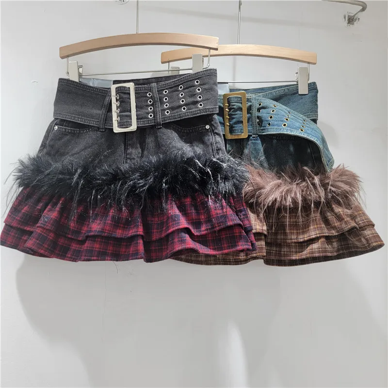 2025 Autumn New High-Waisted Denim Skirt for Women, Stylish Anti-Exposure A-Line Furry Bodycon Short Skirt, Plaid Stitching