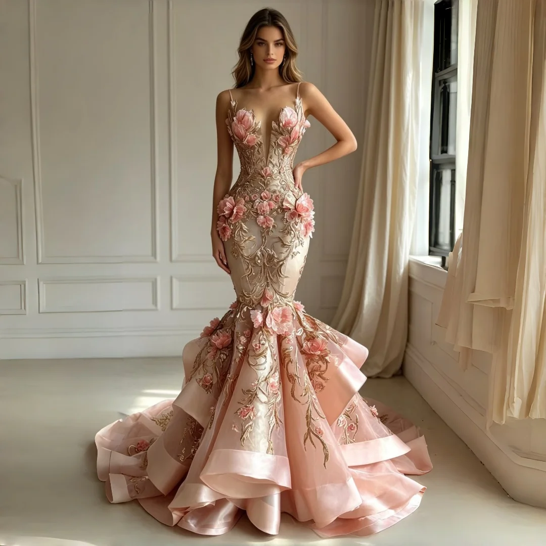 Blush Pink Mermaid Prom Dress Spaghetti Straps 3D Floral Appliques Reception Dress Tiered Ruffles Formal Evening Gown Customized
