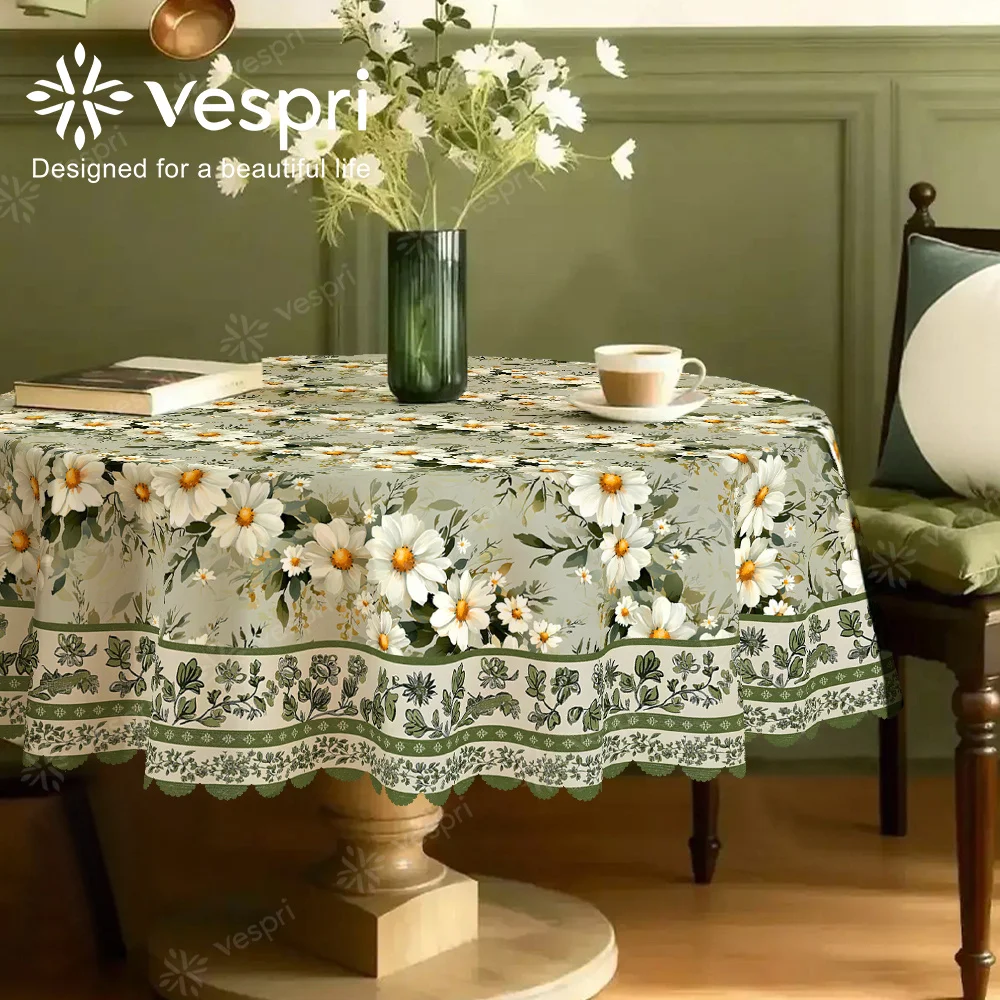 Vespri Spring floral tablecloth, green and white design, daisies and checks, European stylezyc