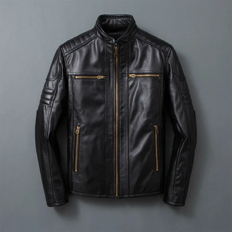 

Men Classical Genuine Motorcycle Jackets 100%Top Layer Cowhide Black Biker Coat Spring Autumn Calfskin Leather Jacket