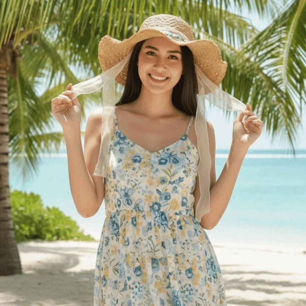 Live Show Breathable Vacation Beach Cap Lightweight with Turquoise Big Brimmed Straw Hat Sombrero with Lace Woven Sun Cap Women