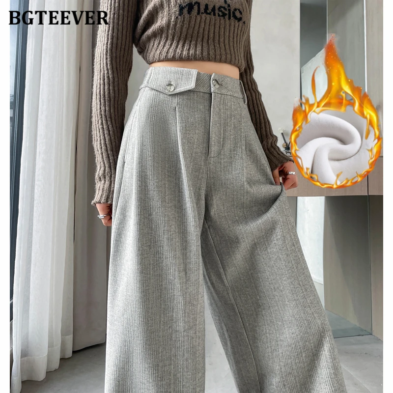 

BGTEEVER Stylish High Waist Pockets Thicken Velvet Ladies Long Pants Winter Loose Warm Wide Leg Trousers for Women