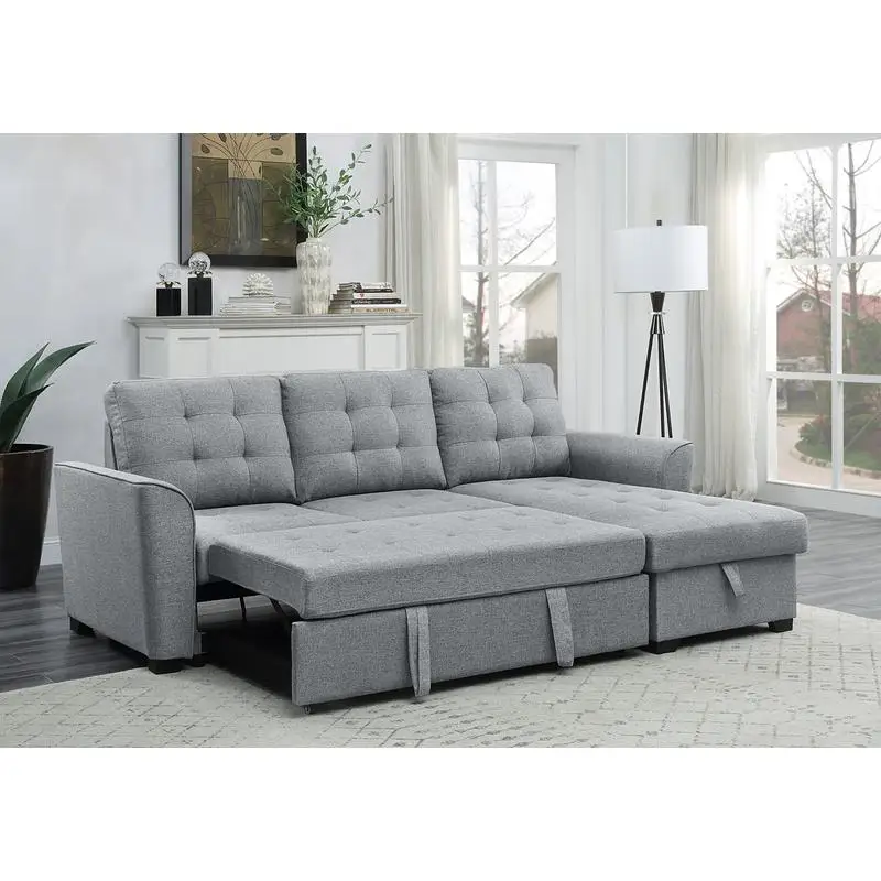 90.5" Light Gray Linen Sleeper Sectional Sofa with Reversible Storage Chaise for Living Room