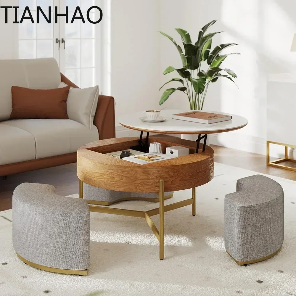 Minimalist Fashion Lift Top Coffee Table Set with Storage 3 Stools