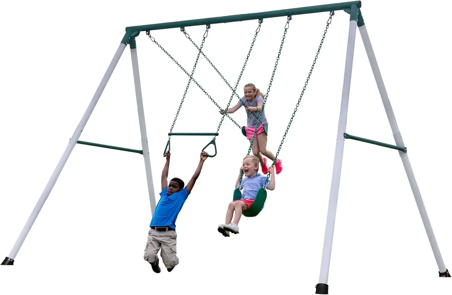 Backyard Discover Metal Swing Set, 10 Ft Tall, 2 Belt Swings, Trapeze Bar, Heavy Duty